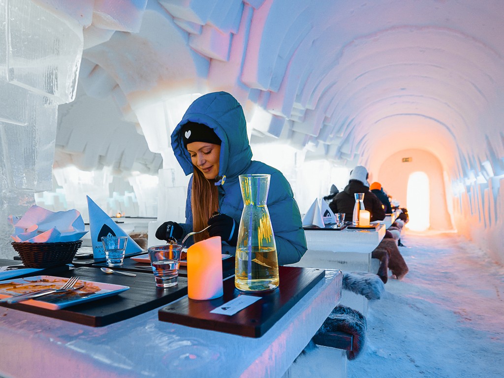Ice restaurant interior with carved ice tables