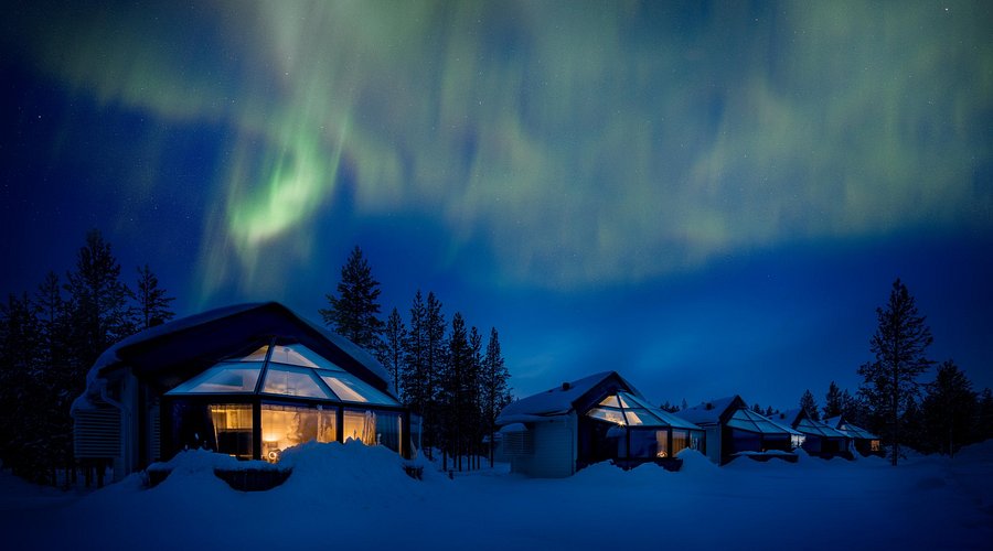 Row of glass igloos under the night sky