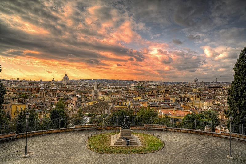 Sunset view from the Pincian Hill terraces toward Piazza del Popolo, Rome