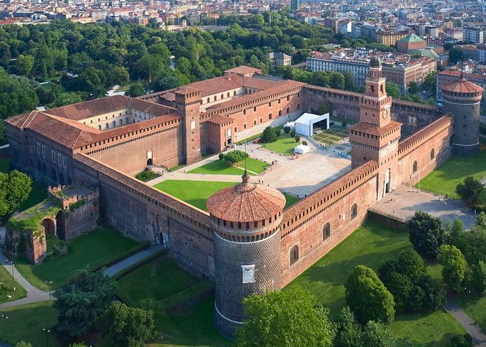 Aerial view of Castello Sforzesco, courtyards, and towers, Milan