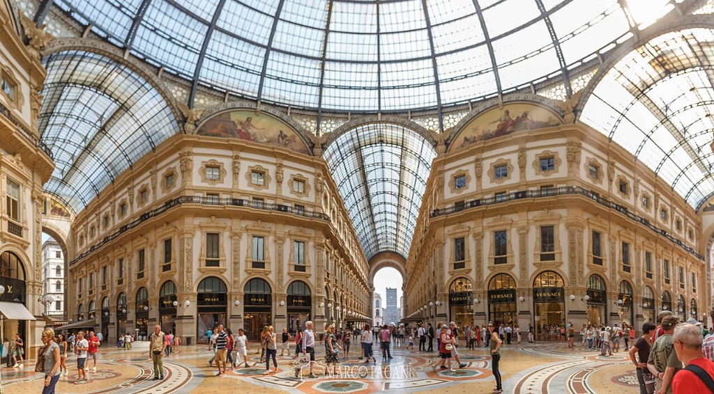 Galleria Vittorio Emanuele II interior with glass dome and mosaic floor, Milan