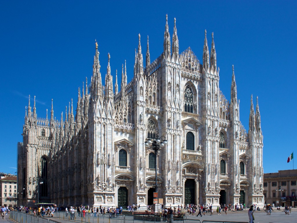 Milan Cathedral facade and spires above Piazza del Duomo