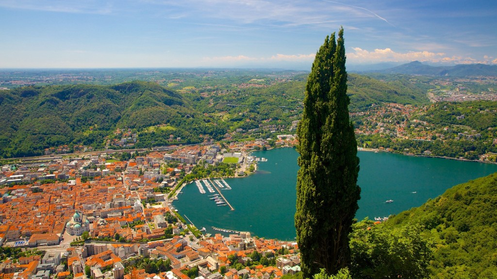 Como and Lake Como from Brunate: terracotta roofs, cathedral dome, marina and snow-capped Alps