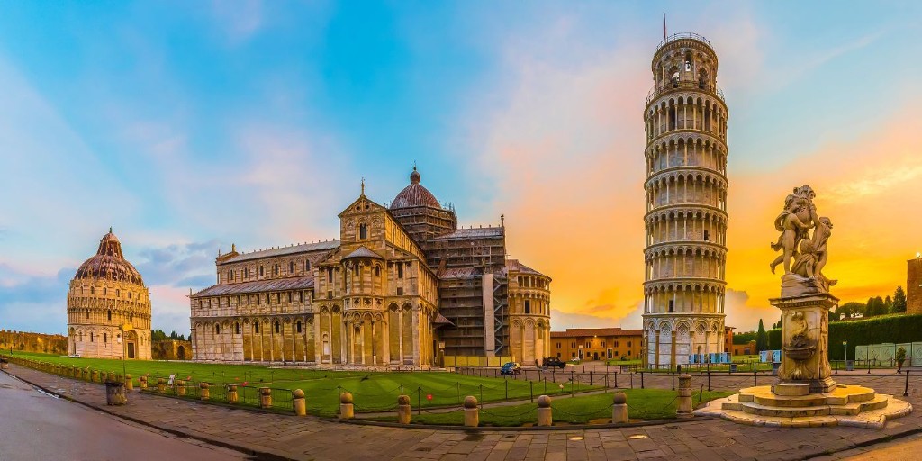 Baptistery, Pisa Cathedral, and Leaning Tower at sunset, Piazza dei Miracoli