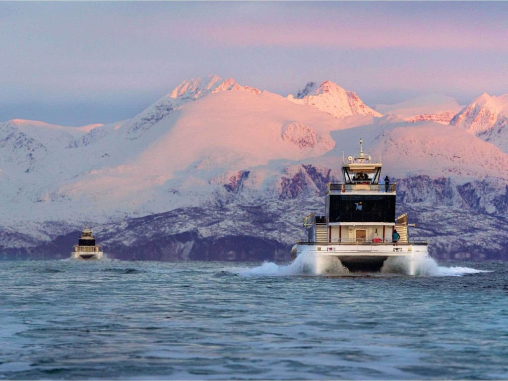 Whale-safari catamarans with snowy mountains at golden hour