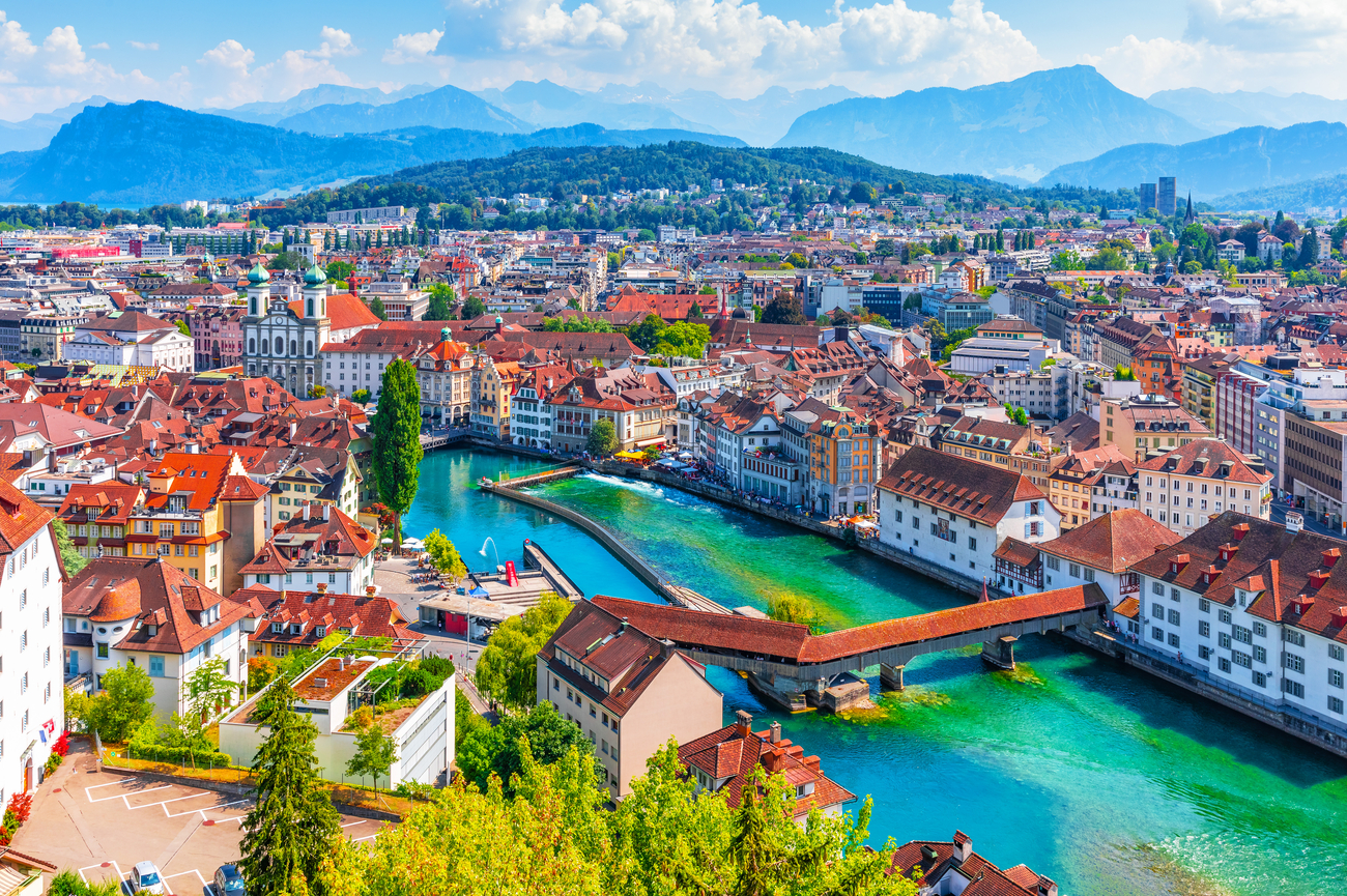 Luzern old town and Lake Lucerne overview