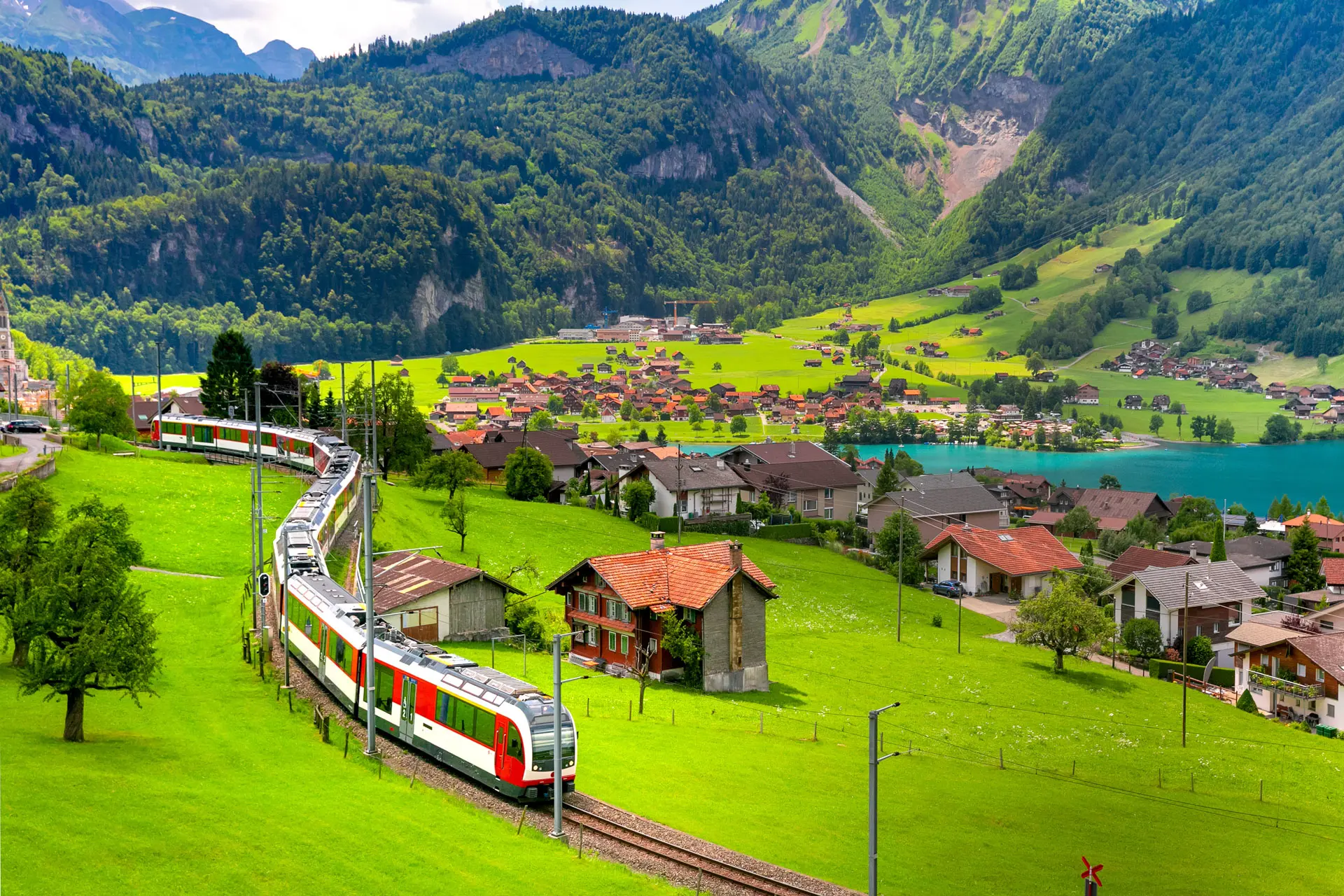 Golden Pass Line scenic train through lakes and Alps
