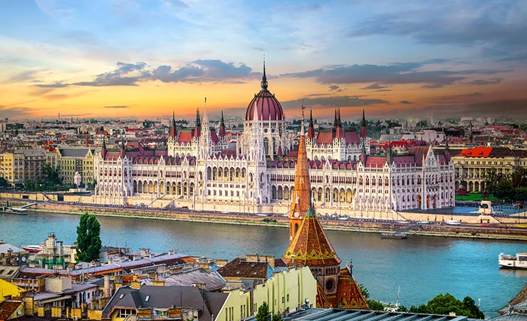 The Hungarian Parliament on the Danube at dusk