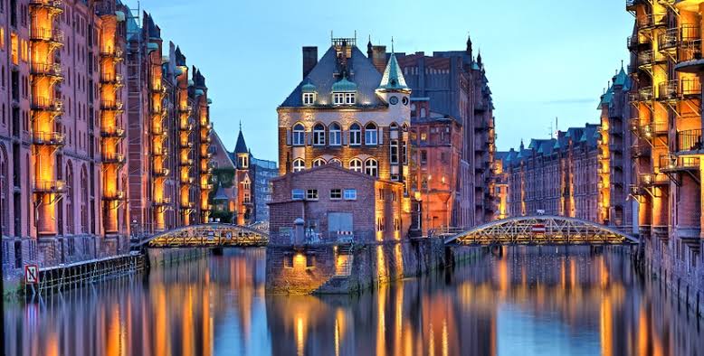 Red-brick warehouses along Hamburg's Speicherstadt canals