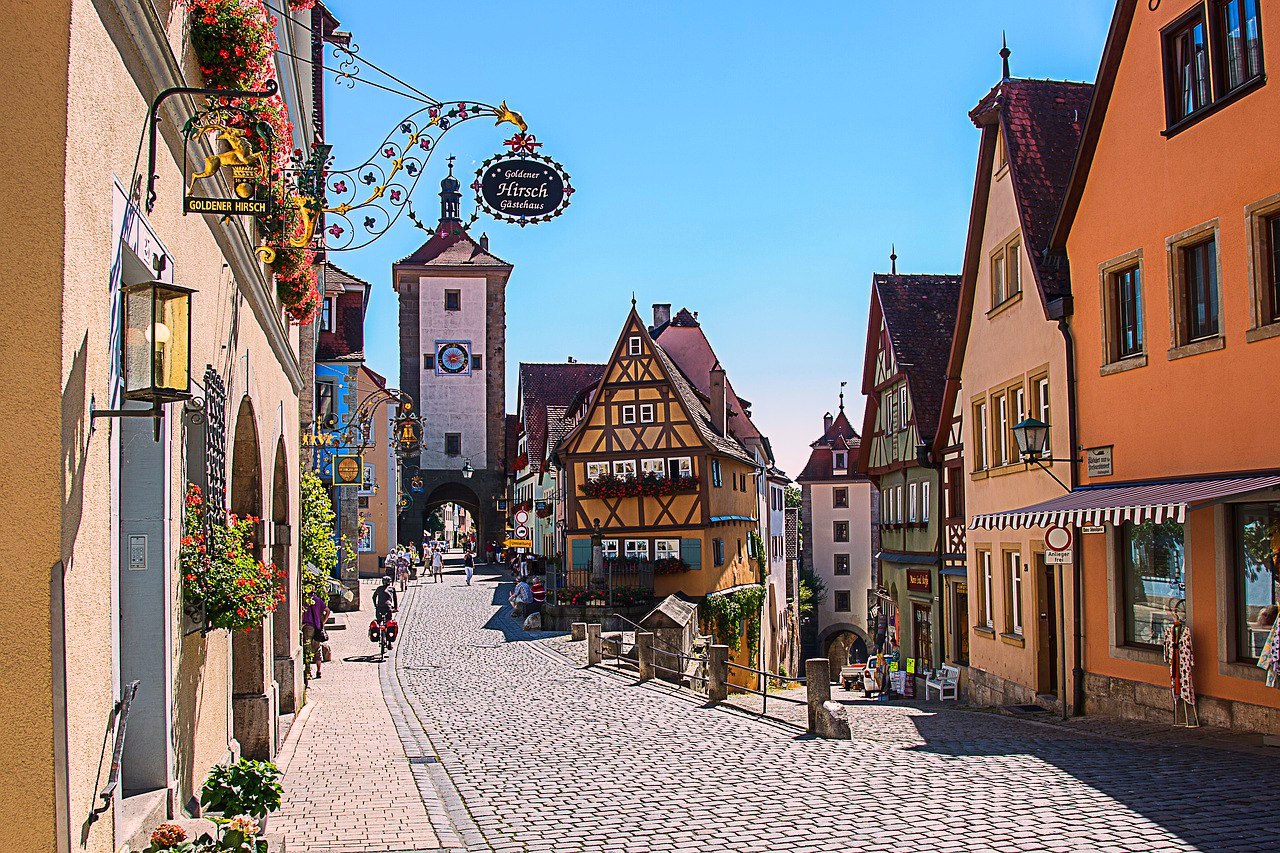 Half-timbered houses on a cobbled street in Rothenburg