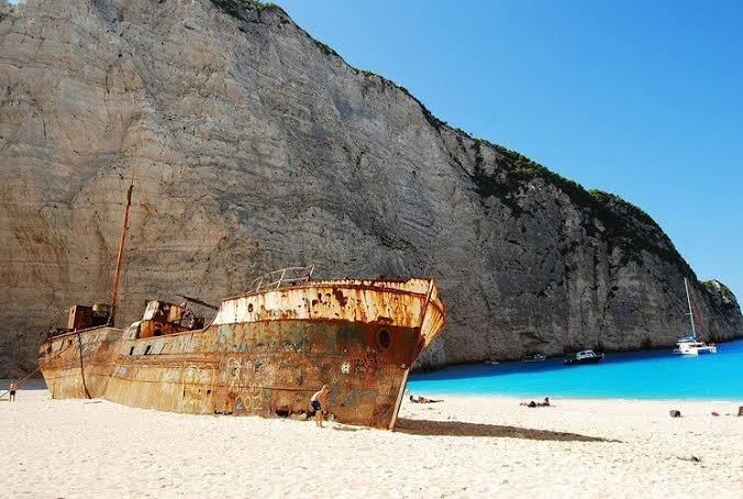 Navagio shipwreck beach framed by white cliffs