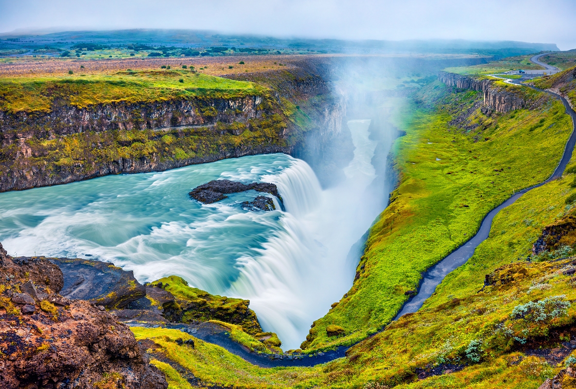 Gullfoss waterfall dropping in two steps into its canyon