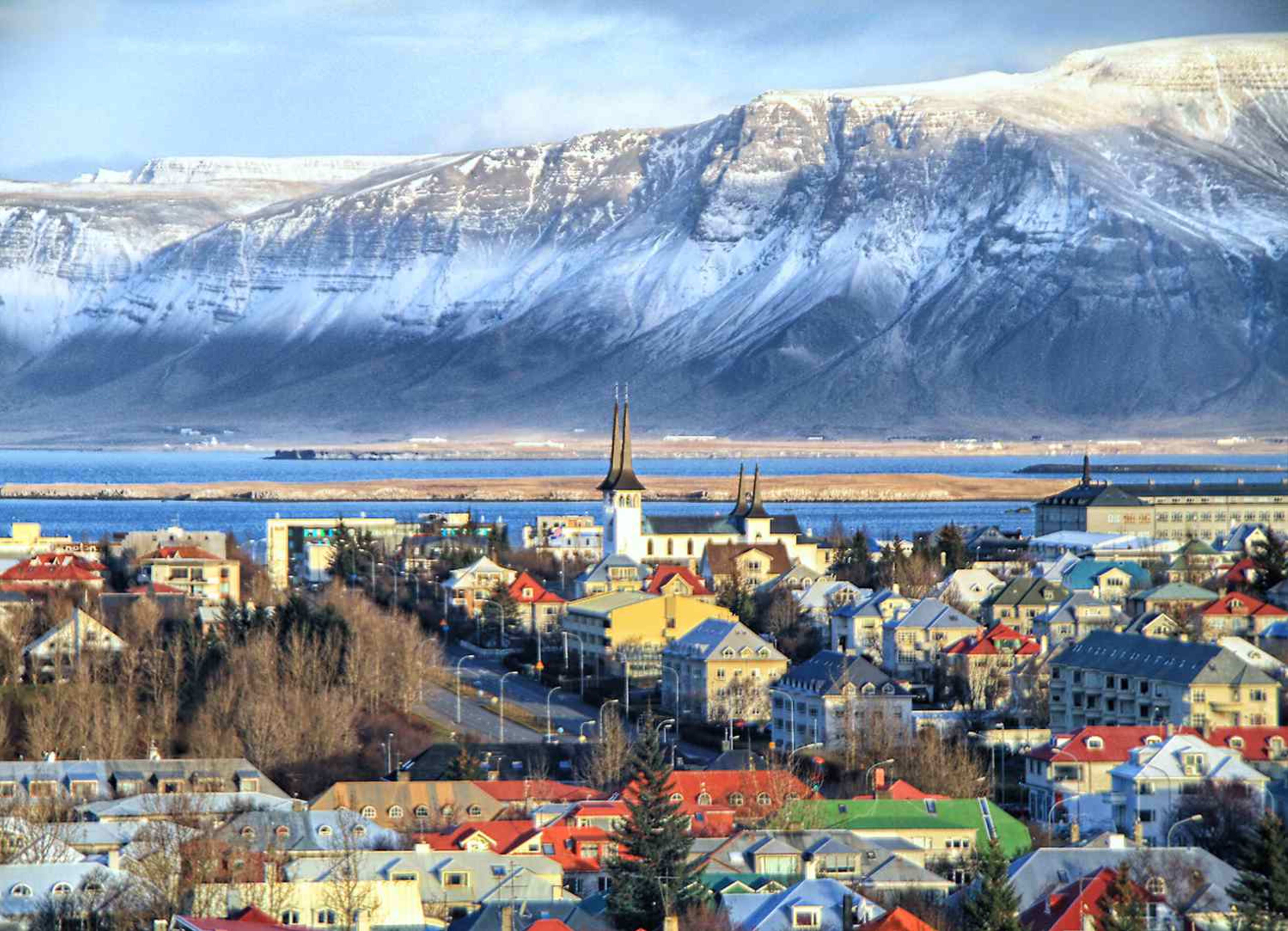 Reykjavík cityscape with coloured rooftops and the bay beyond